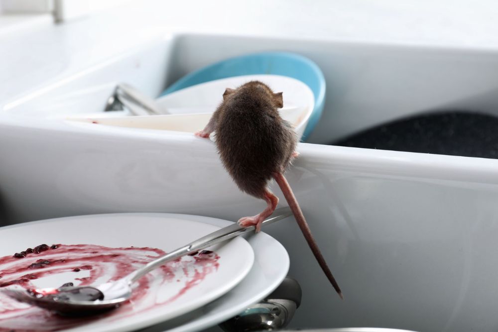 A mouse perched on a sink's edge, emphasizing the importance of rodent control services in Seattle, WA.